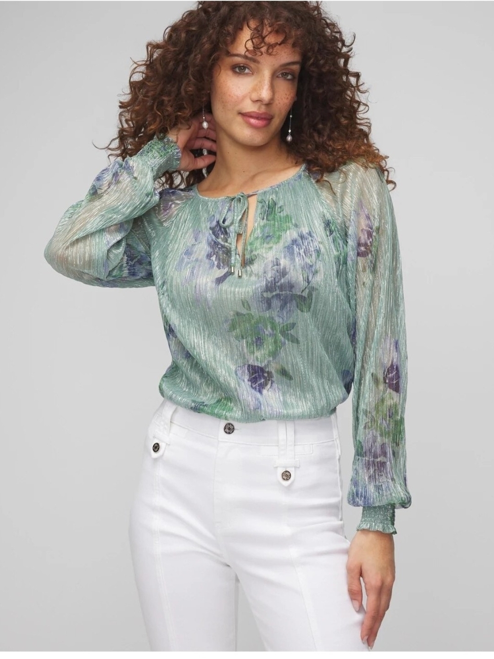 White House Black Market Mint Green Sheer Floral Tie-Neck Blouse Size XS